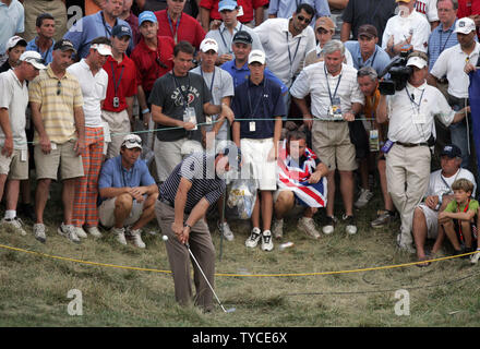 Team USA's Phil Mickelson chips out of the rough on the 18th green in four-ball match play against team Europe during the second round of the Ryder Cup at the Valhalla Golf Club in Louisville, Kentucky on September 20, 2008.  (UPI Photo/Mark Cowan) Stock Photo