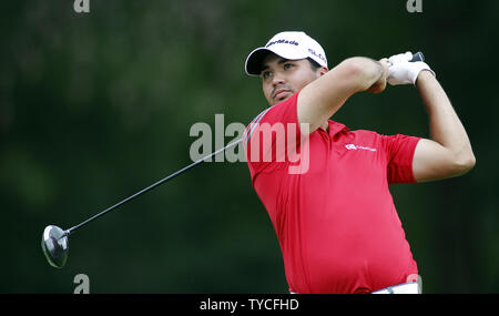 Jason Day, of Australia, hits his tee shot on the fifth hole during the third round of the 96th PGA Championship at Valhalla Country Club on .August 9, 2014 in Louisville, Kentucky. Day shot two under par 69 and trails leader Rory McIlroy by three strokes entering Sunday's final round.     UPI/Frank Polich Stock Photo
