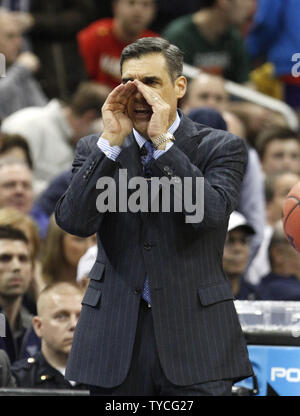 Villanova University head coach Jay Wright reacts to his team play against University of Miami during the second half of play in their fourth round game of the 2016 NCAA Division I Men's Basketball Regional Championship game at the KFC Yum! Center in Louisville, Kentucky, March 24, 2016.         Photo by John Sommers II/UPI Stock Photo