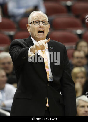 University of Miami head coach Jim Larranag reacts to his team play against Villanova University during the second half of play in their fourth round game of the 2016 NCAA Division I Men's Basketball Regional Championship game at the KFC Yum! Center in Louisville, Kentucky, March 24, 2016.         Photo by John Sommers II/UPI Stock Photo