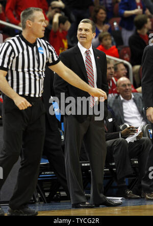 University of Maryland head coach Mark Turgeon reacts to a call by the officials during the first half of play against the University of Kansas in their fourth round game of the 2016 NCAA Division I Men's Basketball Regional Championship at the KFC Yum! Center in Louisville, Kentucky, March 24, 2016.         Photo by John Sommers II/UPI Stock Photo