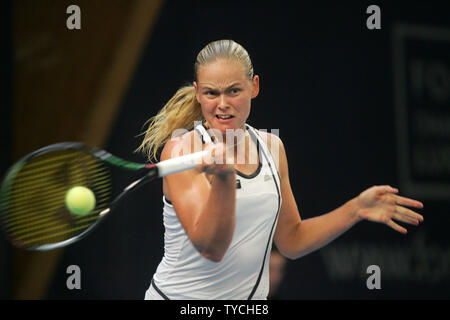 Anna-lena Groenefeld of Germany forehand returns to Kim Clijsters of Belgium.  Clijsters won singles final 6-2, 6-4 at Fortis Championships WTA women's tennis tournament ($585,000 Tier II) in Luxembourg on October 2, 2005.  (UPI Photo/Tom Theobald) Stock Photo