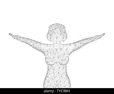 Girl in good physical shape low poly design, happy woman in polygonal style, girl raised her arms up wire frame vector illustration on white backgroun Stock Vector