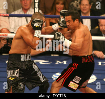 Juan Diaz of Houston (L) attacks Lightweight champion Juan Manuel Marquez of Mexico during their title fight at Mandalay Bay in Las Vegas Nevada, July 31, 2010. The fight was won by Marquez in a 12 round decision. UPI/Roger Williams. Stock Photo