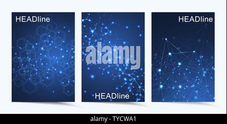 Business vector templates for brochure, cover, banner, flyer, annual report, leaflet. Abstract composition with molecule structure, dots, lines. Wave Stock Vector