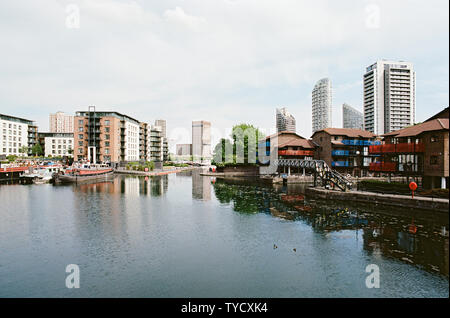 Blackwall Basin near Canary Wharf, in London Docklands, looking north towards Poplar Dock Stock Photo