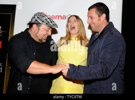 (L-R) Director Frank Coraci and actors Drew Barrymore and Adam Sandler attend Warner Bros. Pictures' ?The Big Picture?, an exclusive presentation highlighting the summer of 2014 and beyond at Caesars Palace during CinemaCon, the official convention of the National Association of Theatre Owners, in Las Vegas, Nevada on March 26, 2014. UPI/David Becker Stock Photo