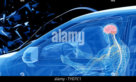 3d rendered illustration of two colliding cars - illustrating the effect of an impact with airbag Stock Photo