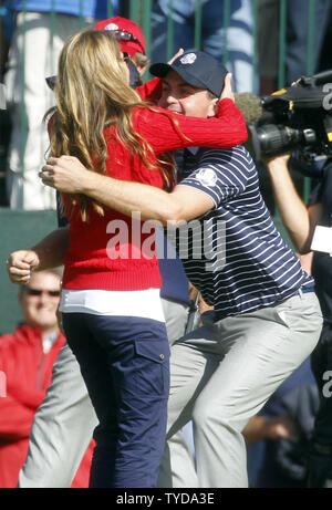 USA's Keegan Bradley and Europe's Luke Donald during a press conference ...