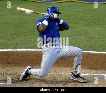 Chicago Cubs Sammy Sosa narrowly misses being hit in the head by this Josh Beckett pitch during game 5 of the NLCS, at Pro Player Stadium, Miami, Florida, October 12, 2003..   (UPI/MICHAEL BUSH) Stock Photo