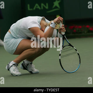 Kim Clijsters of Belgium displays emotion after defeating Maria Sharapova of Russia 6-3, 7-5, at the Women's Singles Final at the Nasdaq 100 Open in Key Biscayne, Florida on April 2, 2005.  (UPI Photo/Susan Knowles) Stock Photo