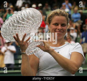 Kim Clijsters of Belgium displays her trophy after defeating Maria Sharapova of Russia 6-3, 7-5, at the Women's Singles Final at the Nasdaq 100 Open in Key Biscayne, Florida on April 2, 2005.  (UPI Photo/Susan Knowles) Stock Photo