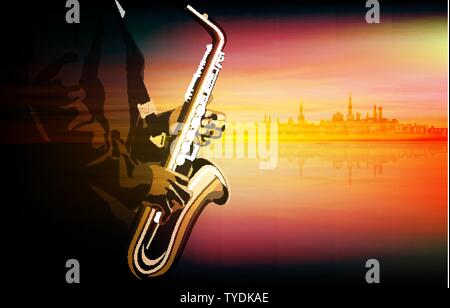 abstract orange illustration with saxophone player on cityscape background Stock Vector
