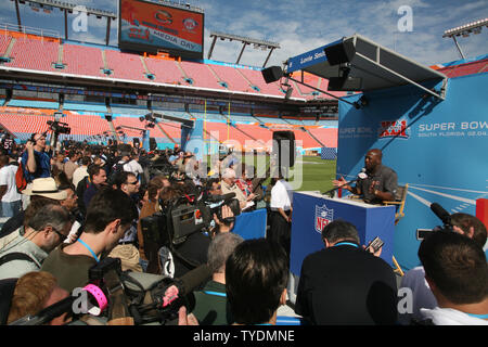 Chicago Bears head coach Lovie Smith answers questions at Media Day for Super Bowl XLI at Dolphins Stadium in Miami on January 30, 2007.  (UPI Photo/Terry Schmitt) Stock Photo