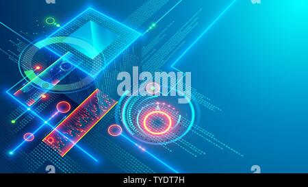 Digital background. Cube or box consists matrix of digits. Block chain of abstract finance data, business graphic. Blockchain fintech technology and Stock Vector