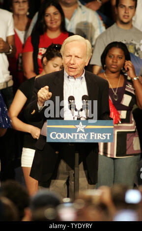 Senator Joe Lieberman speaks at a John McCain rally at Florida International University in Miami on October 17, 2008. (UPI Photo/Michael Bush) Stock Photo