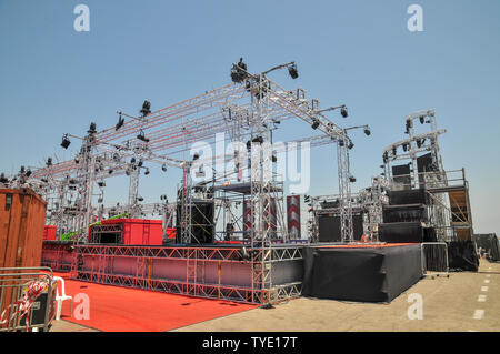 construction of an Outdoor music festival stage with lighting arches used by the Israeli TV production of Israeli Ninja Stock Photo