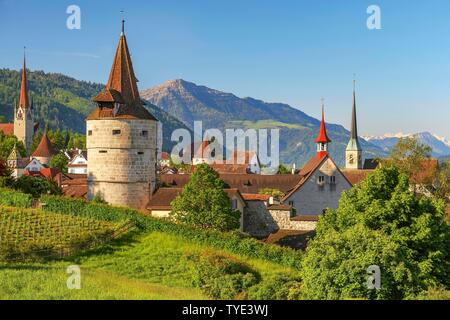 Town view with Capuchin tower and church, old town, Rigi at the back, Zug, Canton Zug, Switzerland Stock Photo