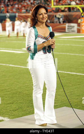 Latin recording artist and minority owner of the Miami Dolphins Gloria Estefan introduces the halftime show during the game against the New York Jets at Landshark stadium in Miami on October 12, 2009.  The Dolphins defeated the Jets 31-27.  UPI/Michael Bush Stock Photo