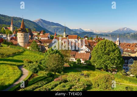 Town view with Zytturm, Capuchin tower and church, old town with Lake Zug, Rigi at the back, Pilatus, Zug, Canton Zug, Switzerland Stock Photo