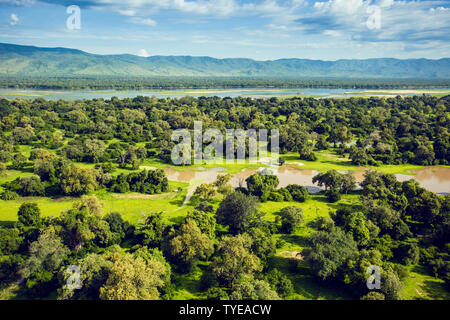 Africa, Zimbabwe, animals, nature pristine, Zambezi river, panorama, night view, starry sky, bonfire, burning clouds, aerial photography, mana photography, forest, sunset, silhouette, adventure, adventure Stock Photo