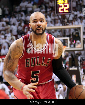 Chicago Bulls forward Carlos Boozer (5) drives the lane during game 3 of the Eastern Conference Finals. 2nd half action against the Miami Heat at the American Airlines Arena, in Miami, Florida May 22, 2011. .The Chicago Bulls beat the Miami Heat 96-85..                                                    UPI/Susan Knowles... Stock Photo