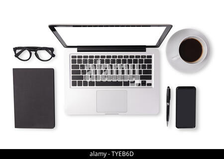 flat lay of men device accessories in black tone color on office desk table such as notebook laptop computer , cup of coffee , glasses , pen , mobile Stock Photo