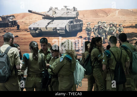 Jerusalem, Israel. 26th June, 2019. 'Our IDF' exhibition opens at the First Station in Jerusalem featuring armored combat vehicles, an F16 fighter jet, an audio video presentation and combat simulators based on virtual reality. The conscription based IDF, considered in Israel the 'people's army', opens its doors to the public free of charge fulfilling its role in creating a close bond with the public. Credit: Nir Alon/Alamy Live News. Stock Photo