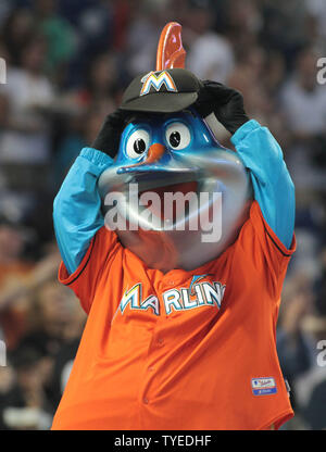 Miami Marlins mascot Billy the Marlin entertains the crowd opening day  against the St. Louis Cardinals at the new Miami Marlins Ball Park on April  4, 2012, in Miami, Florida. The Cardinals