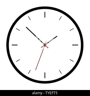 Simple illustration of black clock face without numbers with hour and minute hand, isolated on dark background - vector Stock Vector