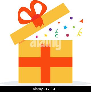 Opened Surprising Gift in Yellow Box With Red Ribbon Vector Illustration Icon in White Background. Surprise in The Gift Box. Stock Vector