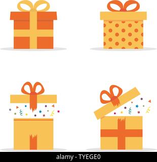 Gift Boxes Set of Different Present Boxes in Yellow Box With Red Ribbon Vector Illustration Icon in White Background. Surprise in The Gift Box. Stock Vector