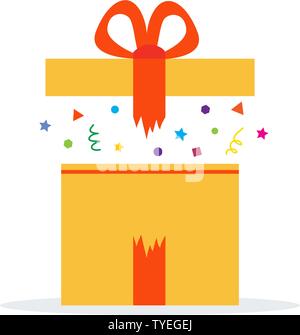 Gift Box Present in Opened Yellow Box With Red Ribbon Vector Illustration Icon in White Background. Surprise in The Gift Box. Stock Vector