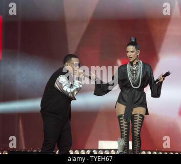 MIAMI BEACH - FLORIDA, MARCH 10: Daddy Yankee and Natalia Jimenez are seen  during Telemundo's La Voz Kids' press Conference at the W Hotel on March  10, 2015 in Miami Beach,Florida (Photo