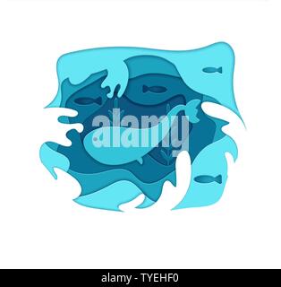 Paper cut cartoon blue whale on water in polygonal trendy craft style. Layered paper. Modern origami design. Concept greeting card, banner. Undersea w Stock Vector