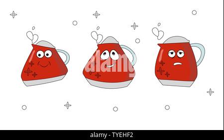 Set of icons kitchen appliances with different emotions. Red boiling kettle in cartoon style. Cheerful, happy, tired. To create icons in web design, o Stock Vector