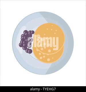 Isolated vector food images. Breakfast on a white plate. Two round pancakes and a handful of blueberries. For icons in the menu of cafes and restauran Stock Vector