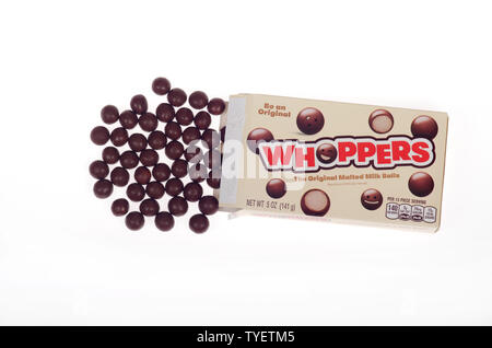 Whoppers malted milk balls covered with chocolate coating candy box from Hershey Company Stock Photo