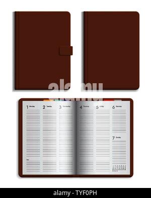 Set of open and closed leather diary with calendar pages. Hard cover brown color isolated on white background - vector Stock Vector