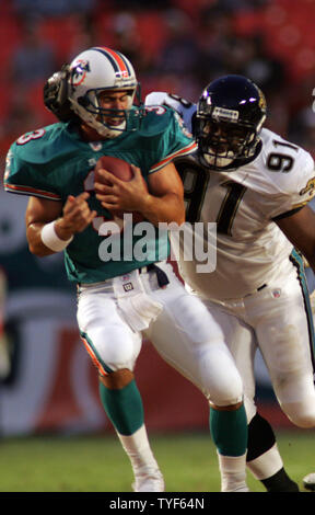 Miami Dolphins quarterback Joey Harrington (3) is sacked by Jacksonville defensive tackle Anthony Maddoxa (91) at Dolphins Stadium on August 12, 2006 in Miami, Fl.    (UPI Photo/Susan Knowles) Stock Photo