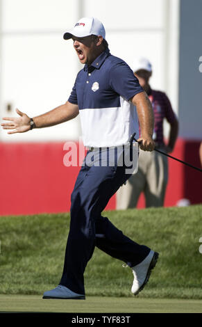 USA team member Patrick Reed celebrates after winning his match during the final round of the 2016 Ryder Cup at Hazeltine National Golf Club in Chaska, Minnesota on October 2, 2016. USA defeated Europe 17-11 winning the Ryder Cup for the first time since 2008. Photo by Kevin Dietsch/UPI Stock Photo
