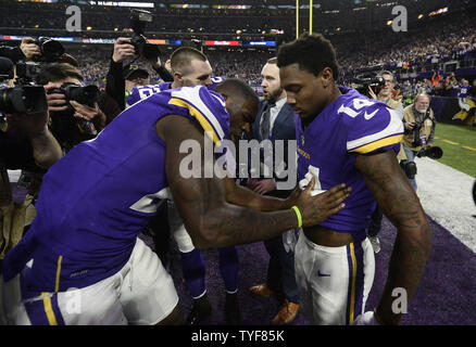 Minnesota Vikings wide receiver Stefon Diggs reacts after scoring the game  winning touchdown against the New Orleans Saints in the second half of the  NFC Divisional round playoff game at U.S. Bank