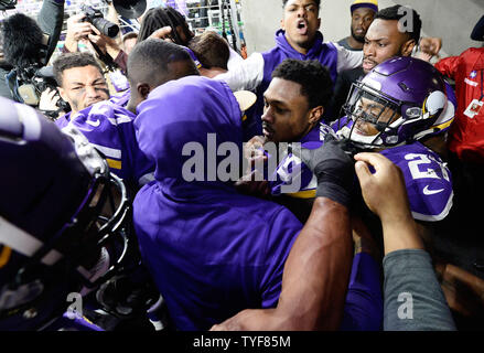 Minnesota Vikings wide receiver Stefon Diggs reacts after scoring the game  winning touchdown against the New Orleans Saints in the second half of the  NFC Divisional round playoff game at U.S. Bank