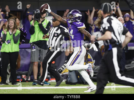 Minnesota Vikings wide receiver Stefon Diggs reacts after scoring the game  winning touchdown against the New Orleans Saints in the second half of the  NFC Divisional round playoff game at U.S. Bank