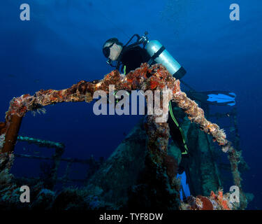 A SCUBA diver inspects the wreck of the Spiegel Grove off of Key Largo, Florida in this April 29, 2006 file photo. The Spiegel Grove, a 510 foot naval vessel, one of the largest wrecks in the United States, was sunk to create an artificial reef system. On Friday, March 16, 2007, three divers lost their lives while diving inside the wreck. (UPI Photo/Joe Marino) Stock Photo