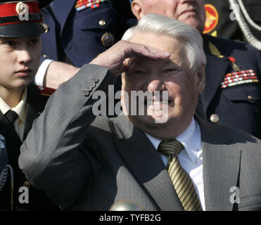 Former Russian President Boris Yeltsin watches a military parade on the Red Square in Moscow on May 9, 2006 during celebrations to mark the end of World War II. Putin has used the pomp and circumstance of Russia's World War II Victory Day military parade in Red Square to warn neo-Nazis and other nationalist extremists that they faced a 'dead end' and must not be tolerated in Russia. (UPI Photo/Anatoli Zhdanov) Stock Photo