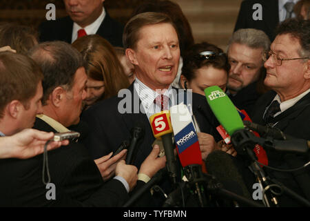 Russian First Vice Prime Minister Sergei Ivanov speaks with reporters after President Vladimir Putin delivered the annual state of the nation address to the Federation Council, the upper house of parliament, in the Kremlin in Moscow on April 26, 2007. (UPI Photo/Anatoli Zhdanov) Stock Photo