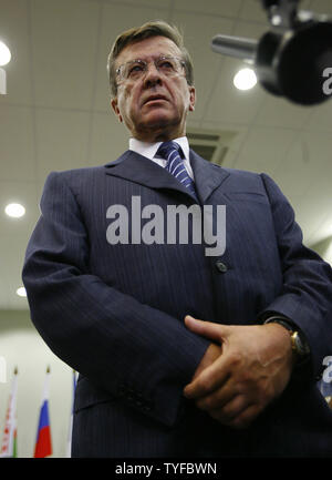 New Russian Prime Minister Viktor Zubkov talk to reporters after his meeting with President Vladimir Putin in the southern Russian resort city of Sochi on September 18, 2007.(UPI Photo/Anatoli Zhdanov) Stock Photo