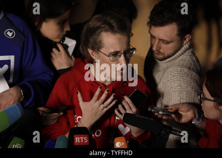 Presidential hopeful Ksenia Sobchak talks to the media at her last campaign event in Moscow on March 15, 2018 two days ahead of presidential elections in Russia. Photo by Yuri Gripas/UPI Stock Photo