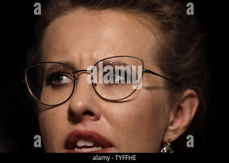 Presidential hopeful Ksenia Sobchak talks to the media at her last campaign event in Moscow on March 15, 2018 two days ahead of presidential elections in Russia. Photo by Yuri Gripas/UPI Stock Photo